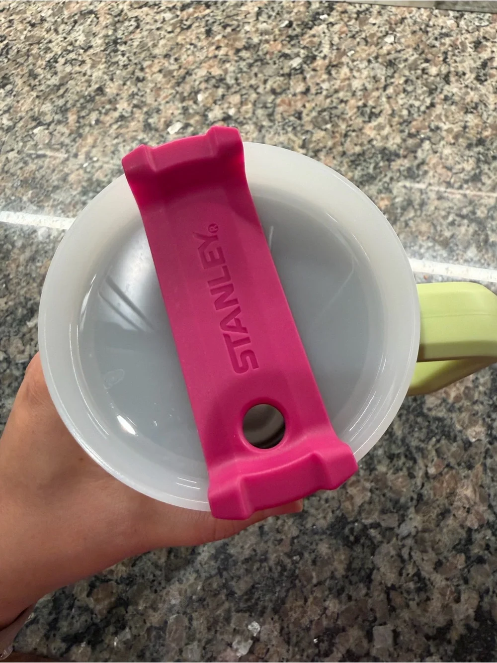 Stanley Light Green Travel Mug with Pink Logo and Accent